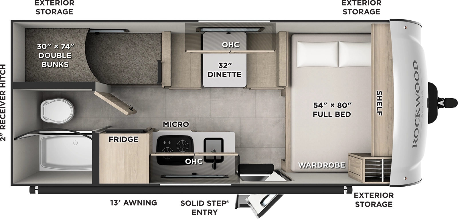 The Rockwood Geo Pro G17LE floorplan has one entry and zero slide outs. Exterior features include: fiberglass exterior and 13' awning. Interiors features include: bunk beds and front bedroom.